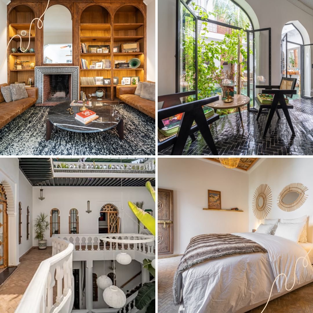Luxury riad interiors in Marrakech: living room, patio and bedroom